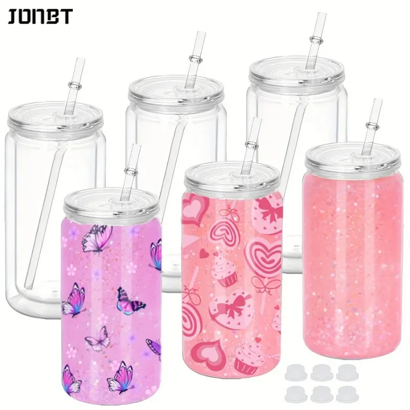 Botellas de agua de plástico con aislamiento de doble pared, 6 uds., 16oz, con tapas de pajitas, taza de bola de nieve DIY con agujero preperforado, vasos reutilizables