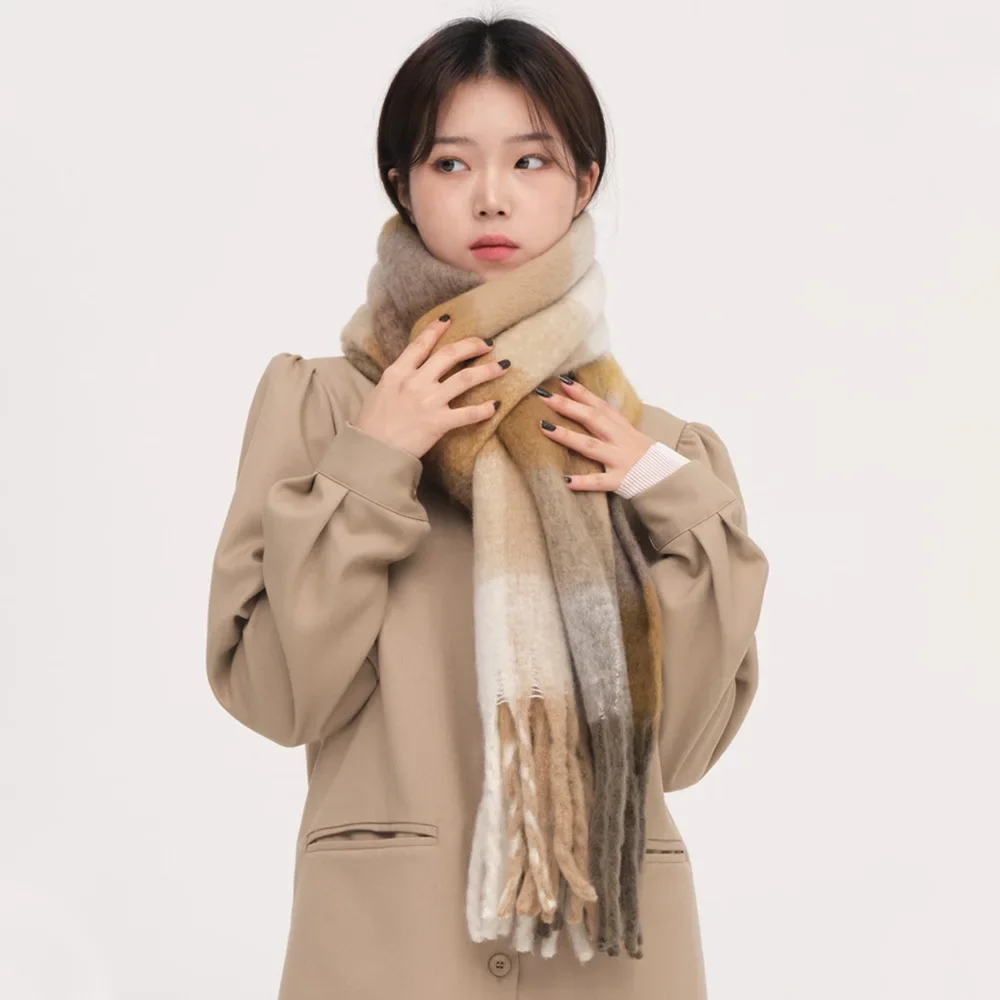 Ins Style New Plaid Mohair Scarf Soft Waxy Warm Scarf Autumn and Winter Imitation Cashmere Shawl Women