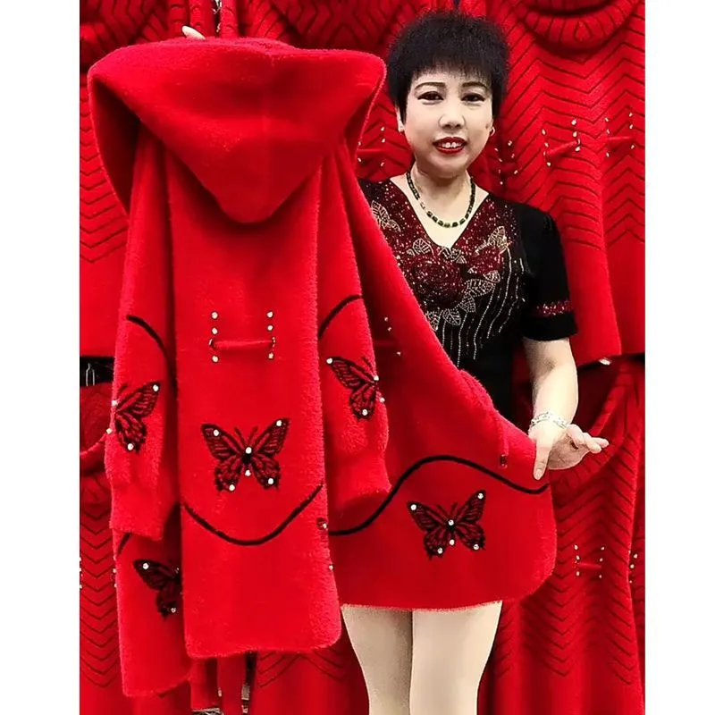 2022 Mother\'s Clothes Autumn Winter Long Thicken Imitation Mink Velvet Coat High End Middle Aged Elderly Women Knitted Cardigan