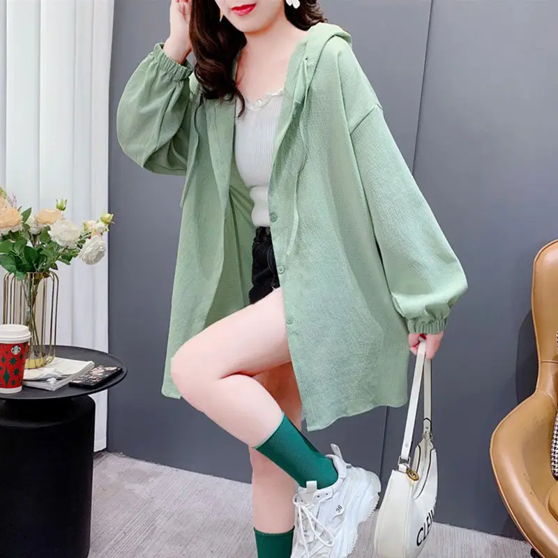 Korean 2024 Women\'s Summer New Splicing Hooded Button Fashion Solid Color Loose Minimalist Casual Long Sleeve Blouses Shirts