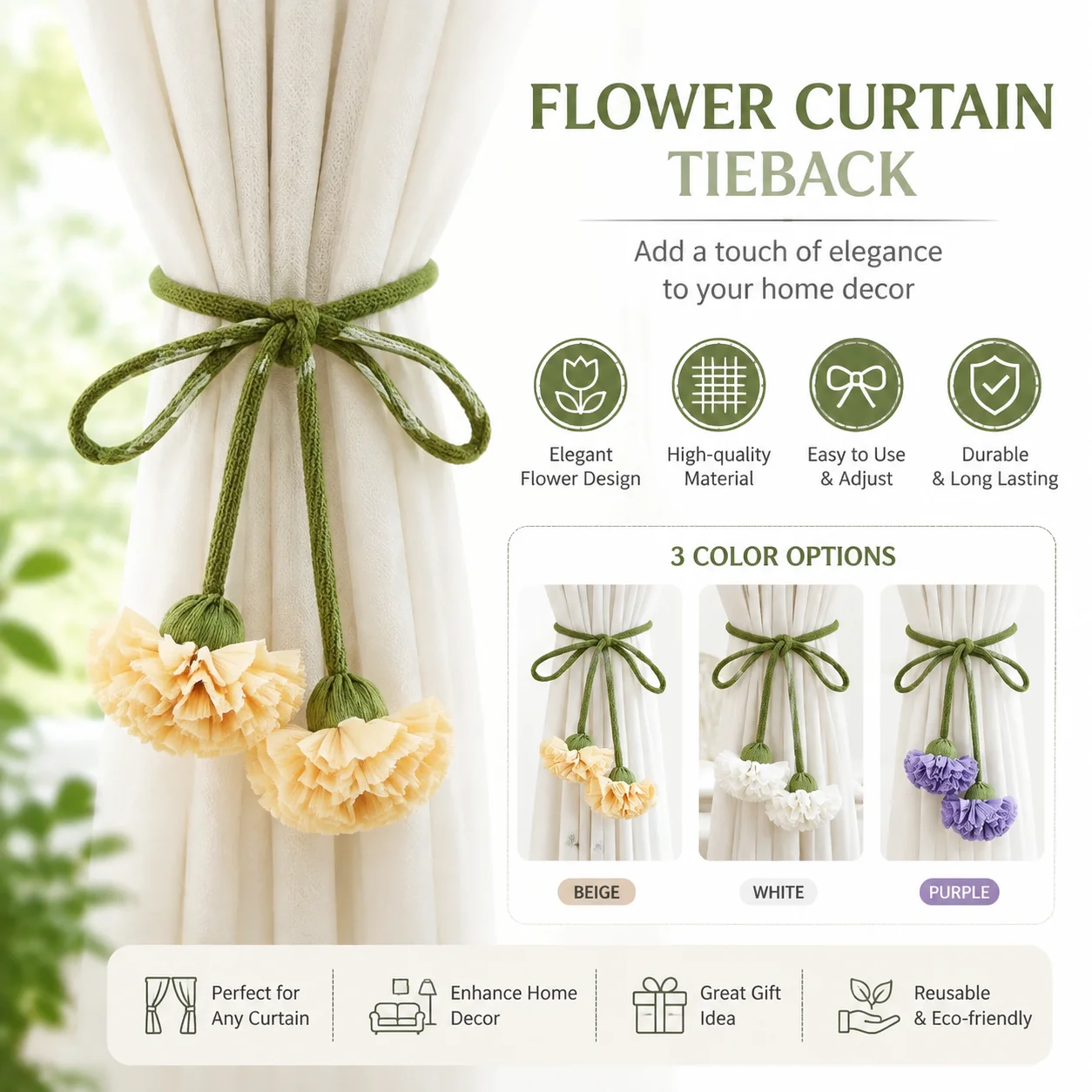 Flower Shape Curtain Tiebacks, Elastic Adjustable Window Curtain Holders for Living Room Kids Room