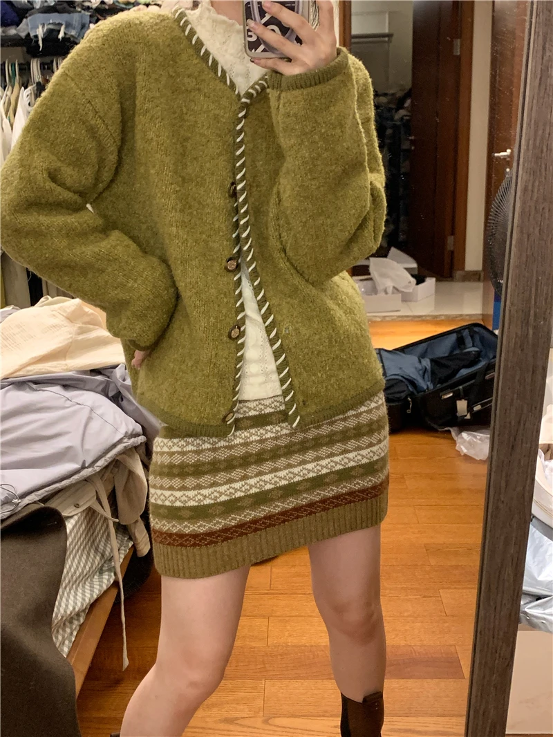 

Handmade Woolen Sweater Coat Casual Sle Contrast Color Design Door Accory Mustard een And White Casual Winter Women's ...