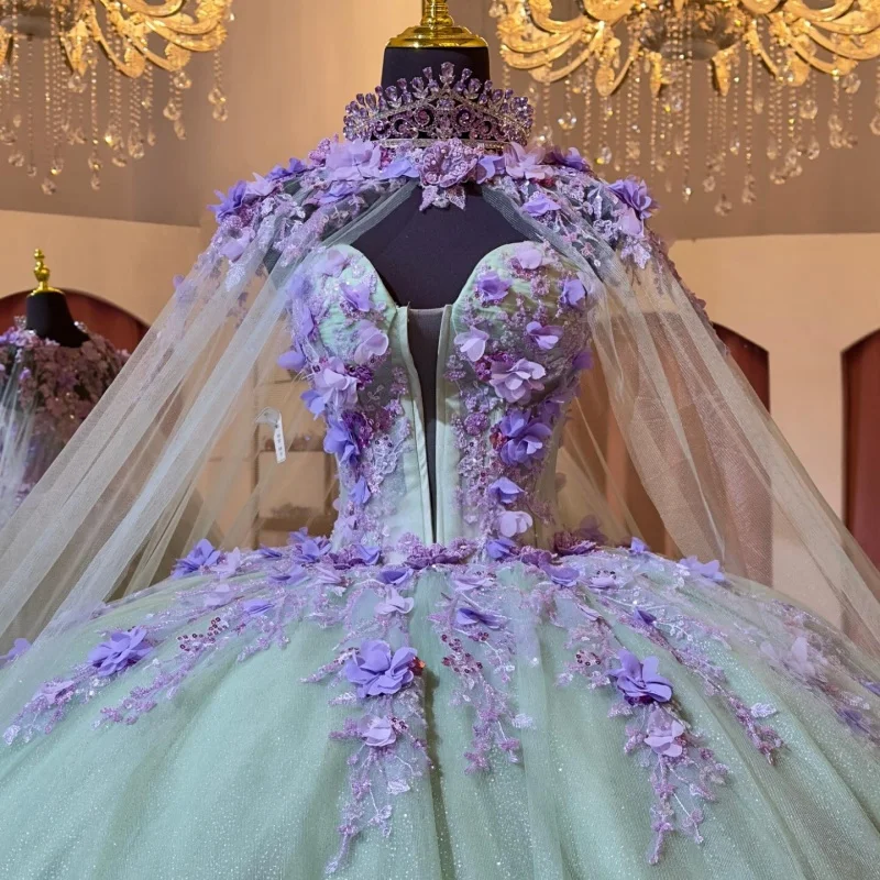 Vestidos de quinceañera verde menta personalizados, apliques con hombros descubiertos, cola larga de tul, Vestido de flores 3D, 15 quinceañeras