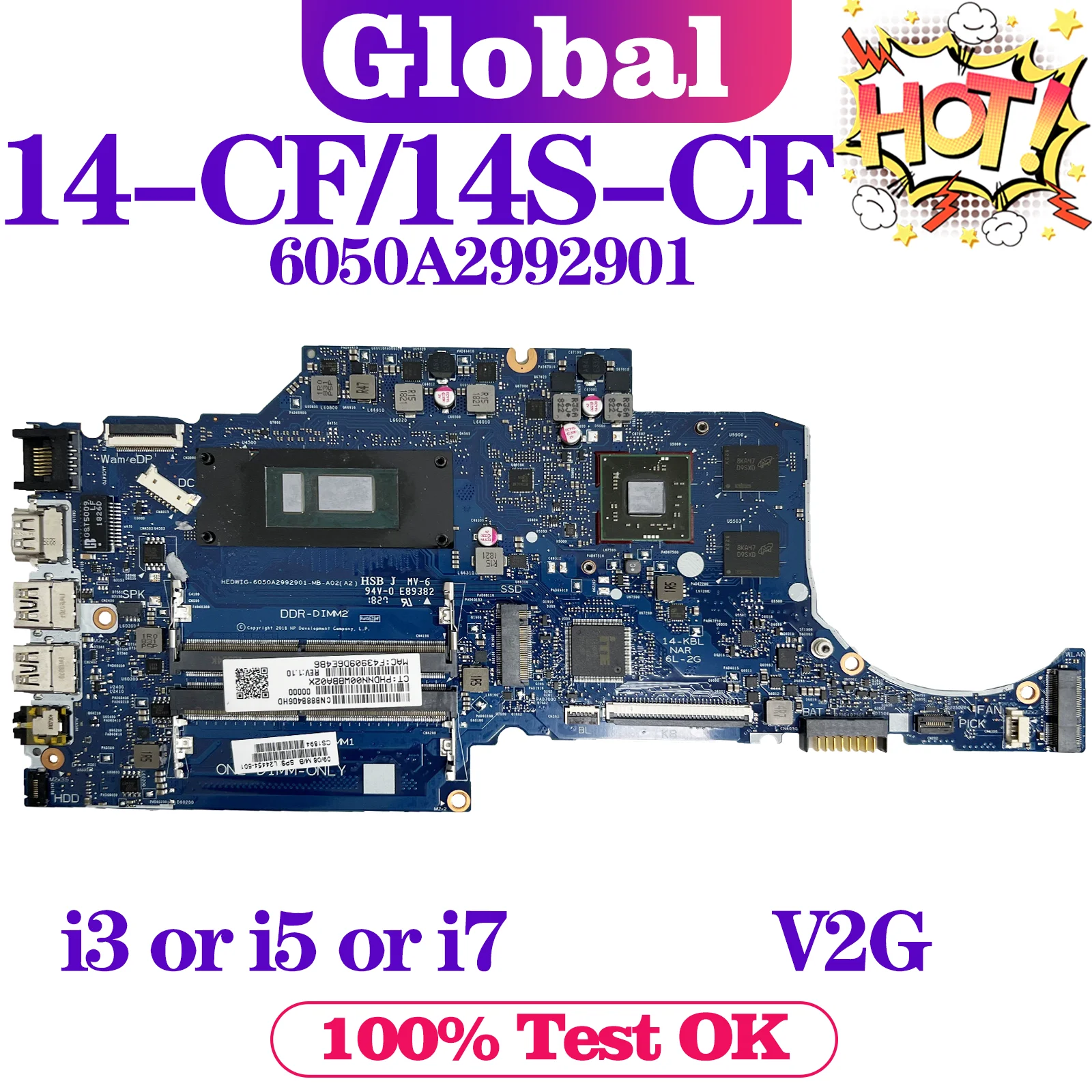 KEFU 6050A2992901 Mainboard For HP 14-CF 14S-CF l24454-601 Laptop Motherboard i3 i5 i7 8th Gen V2G