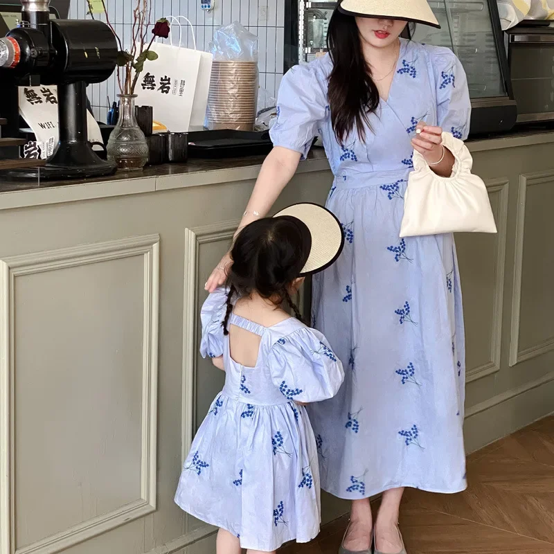 Mom and Baby Girl Princess Dress Like Mother Like Daughter Dresses Elegant and Pretty Same for Women\'s Blue Short Sleeve Frocks