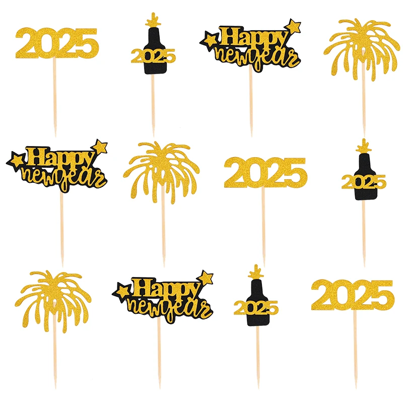 12 stücke frohes neues Jahr 2025 Cupcake Topper Glitter Gold Feuerwerk Kuchen Dekor Silvester Party Dekoration liefert Weihnachts geschenk