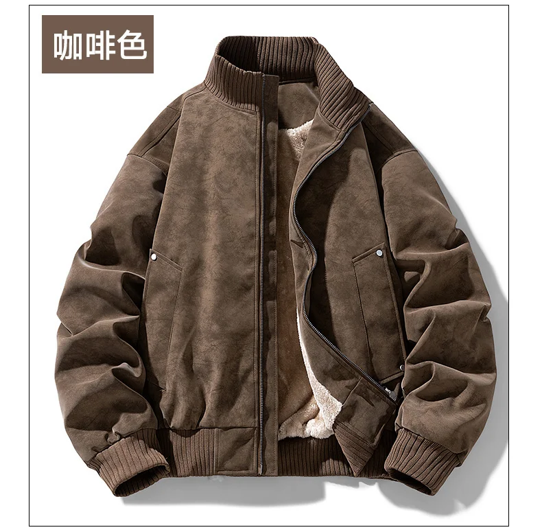 Men Casual Winter Faux Suede Bomber Jacket Stand Collar Parkas Motorcycle Coa Zip Up Warm Thickened Outerwear Fashion 28518
