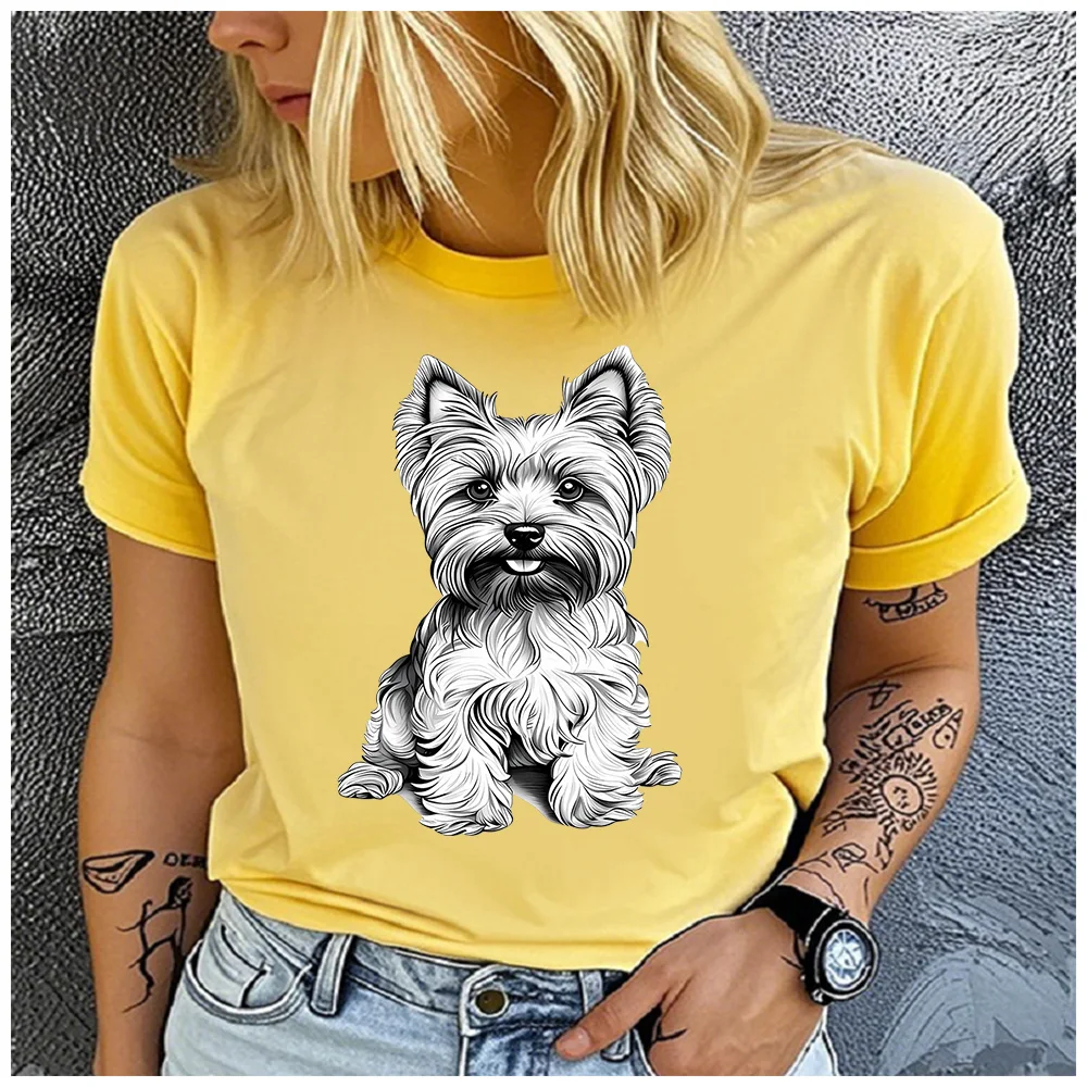 Cotton 100% Vintage Sketch Yorkshire Terrier Dog Print T-shirt Women Cute Yorkie Puppy Graphic Casual Summer Short Sleeve Tee