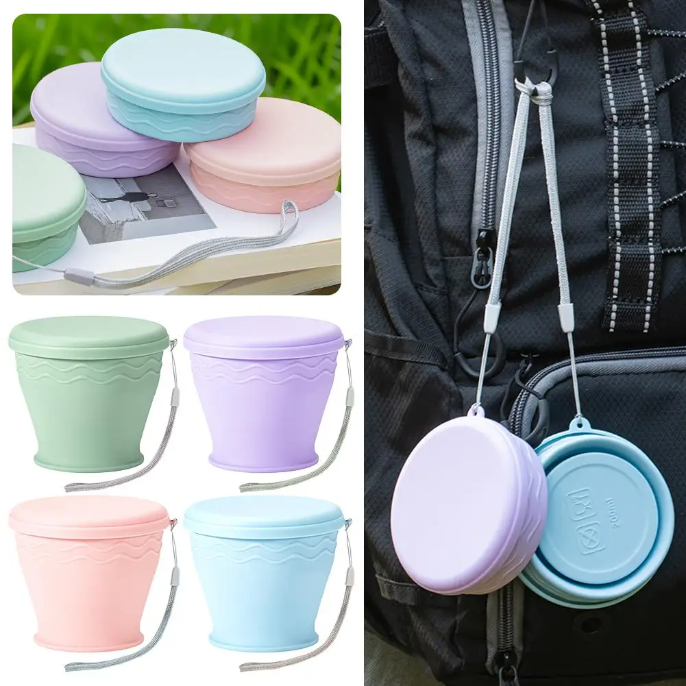 Silicone Collapsible Cup Portable Macaron Folding Water Bottle with Lid Lanyard Outdoor Travel Camping Coffee Cups