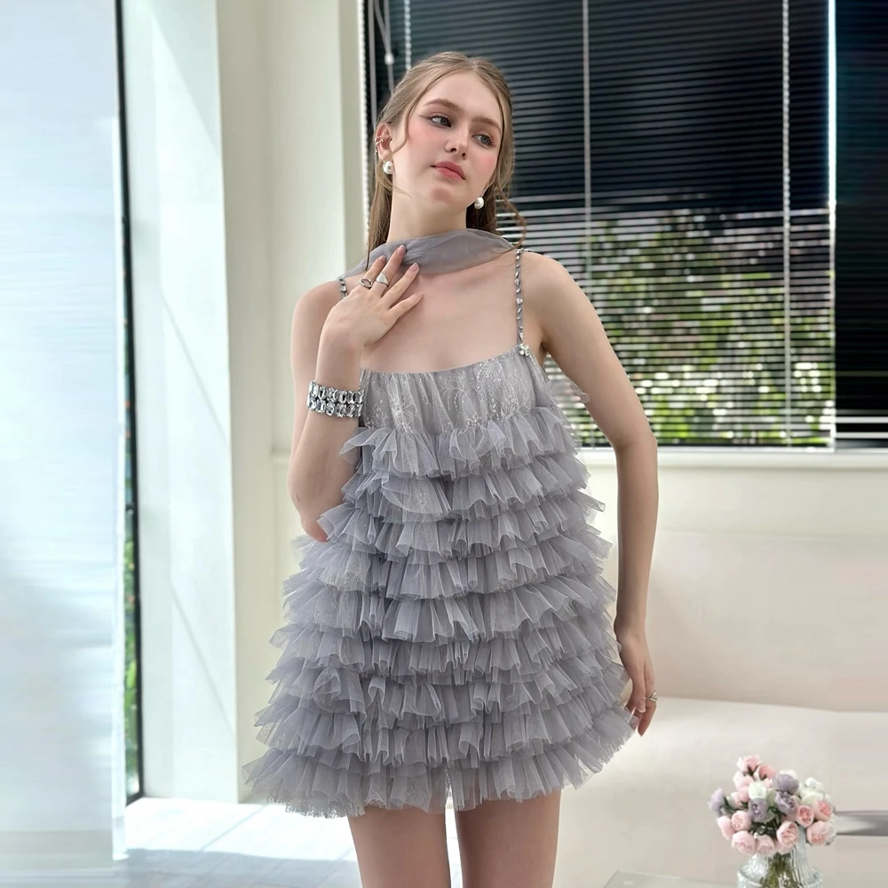 

Grey Tulle Puffy Mini Birthday Party Dress Pretty Ruffles Tiered Fairy Princess Prom Dress Square Neck Tulle Evening Gowns