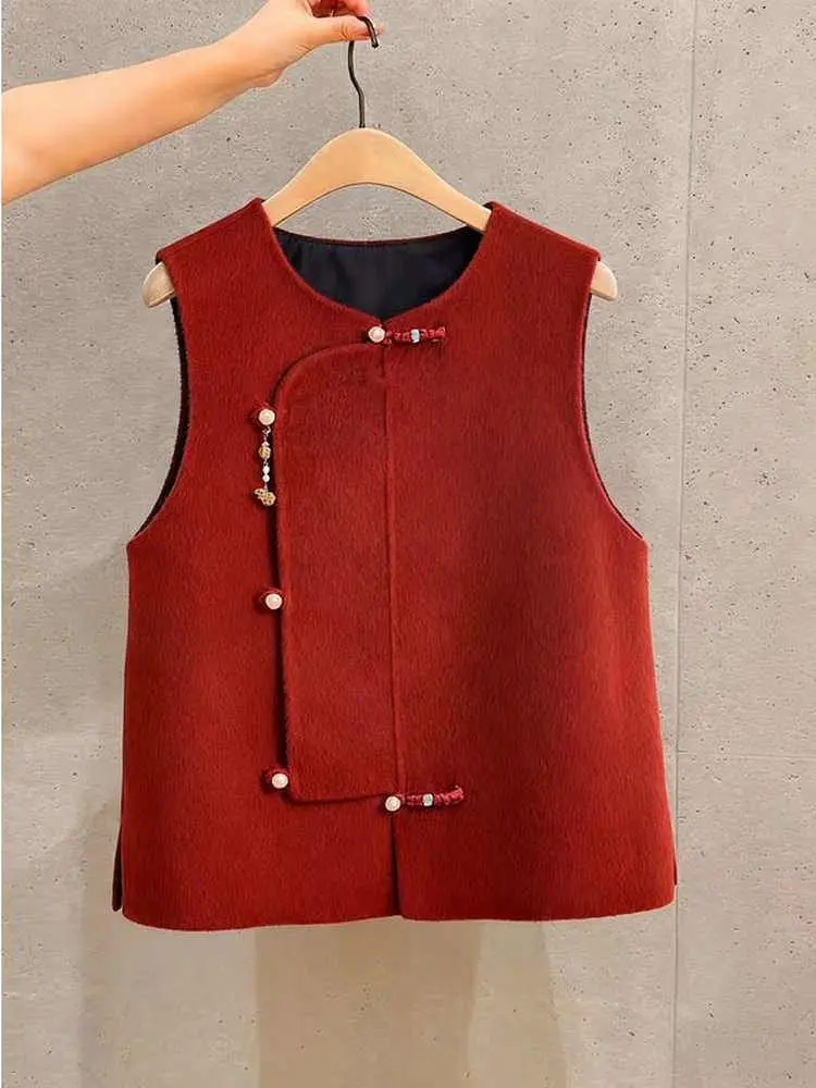 

Red Woolen Vest Women's Svel Vintage Qingdao Sle Faionable Knitwear round Ne Single Button Closure Casual Top