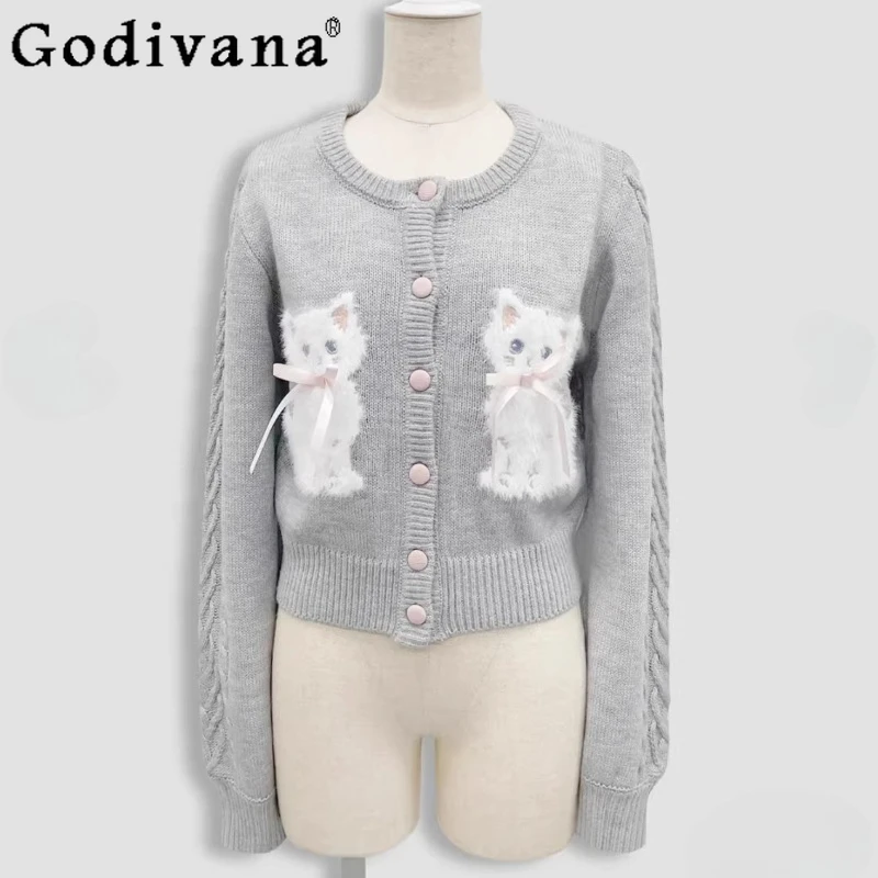 

Japanese Style Sweet Cat Embroidered Knitted Cardigan 2026 New Girls Cute Slim Fit Knitted Jacket Sweaters for Women Spring