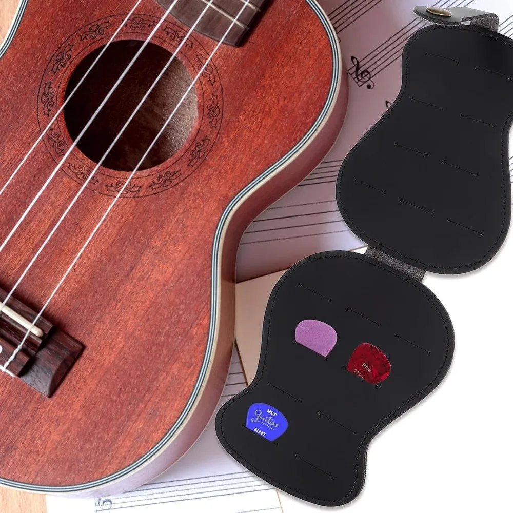 Guitar Pick Holder Pouch, PU Leather Guitar‑Shaped Picks Storage Case, Large Capacity Portable Picks Organizer Bag for Acoustic Electric Guitar, Black, 1 Pcs