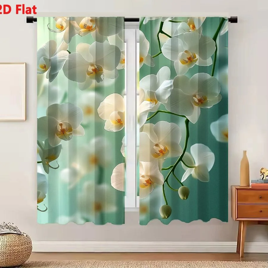 2Pcs Curtains 2D Flat White Orchid Flowers In Full Bloom With Soft Creamy Centers And Green Stems On Teal Background Window Drap