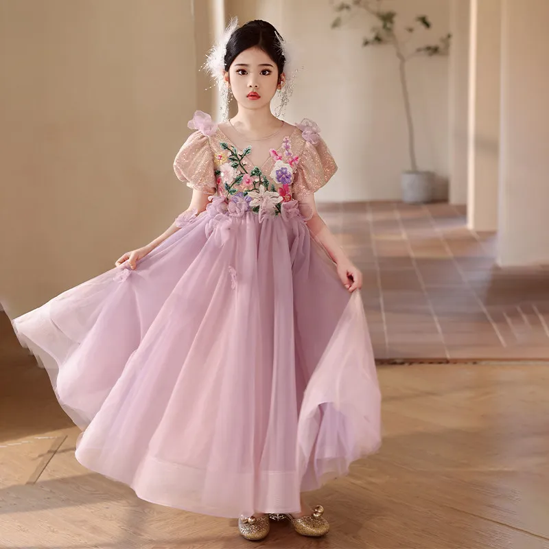 Custom Flower Girl Dress Wedding Gown Birthday Party Dress Floral Embroidery Puff Sleeve Tulle Princess Gown For Little Girls