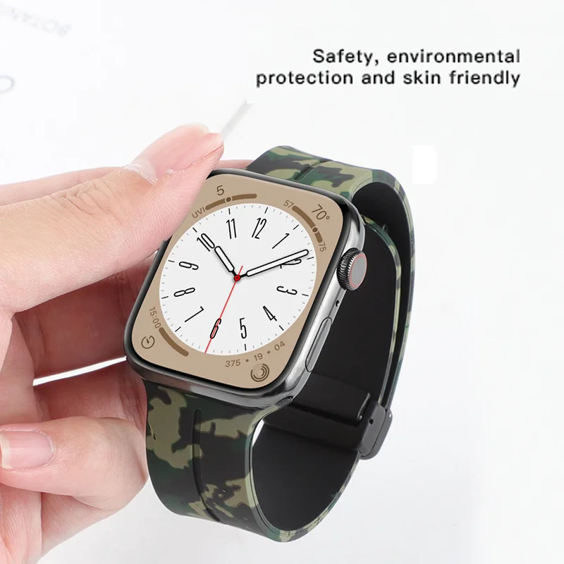 Camouflage Silicone Strap For Apple Watch Ultra2 Band 49mm Magnetic Sport Bracelet Series 10 9 8 7 46mm 44mm 45mm 41mm 40mm 42mm