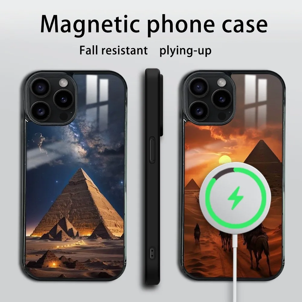 Mysterious Egyptian pyramids Phone Case For iPhone 16 15 14 13 12 11 Pro Max Plus Mini Mirror Wireless magnetic case