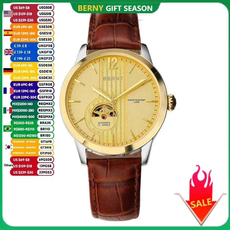 BERNY Watch for Men Mechanical Gold Luxury Brand Self-Wind Automatic Men\'s Watches Stainless Steel Skeleton Waterproof Watches