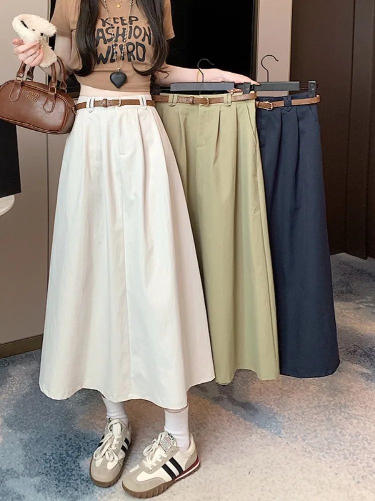 

Юбка миди А-силуэта с высокой талией, свободного кроя, в корейском стиле, из хлопка с эффектом стирки, летняя новинка, женская модная повседневная юбка