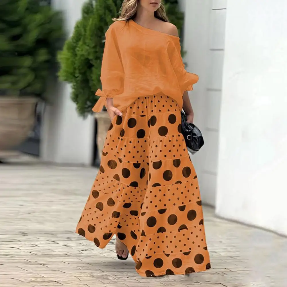 2 Pcs/Set Women T-shirt Pants Set Slant Neck One Shoulder Long Sleeve Bow Cuff Top Printed Long Trousers Casual Dating Outfit
