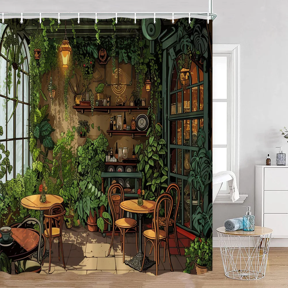 Hand-painted Street View Shower Curtains European Garden Cafe Green Plants Flowers Greenery Bathroom Decor Modern Bath Curtain