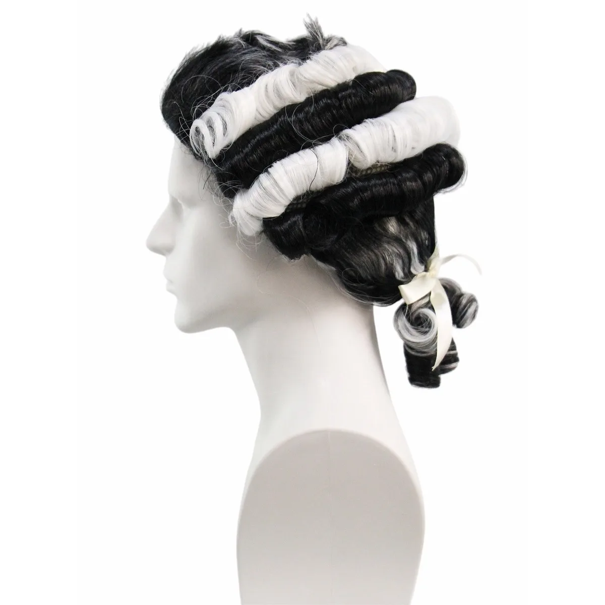 Black and White Colonial Judge Wig, Curly Synthetic Hair with Ponytail for Halloween and Historical Cosplay view 3