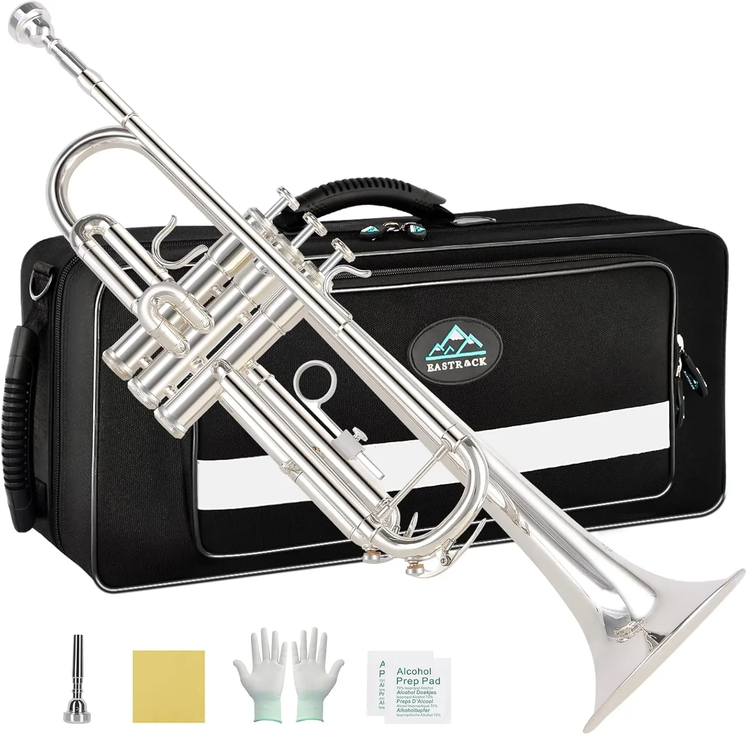 Bb Trumpet Standard Trumpet Set with Carrying Case,Gloves, 7C Mouthpiece, Cleaning Kit, Tuning Rod (Silver)