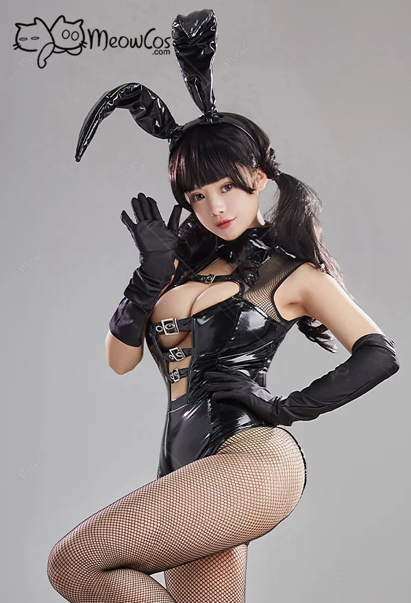 

Meowcos Women Bunny Girl Sexy Lingerie Set Gothic Chest Open Mesh Bodysuit with Tail Gloves Headban Cosplay Costumes