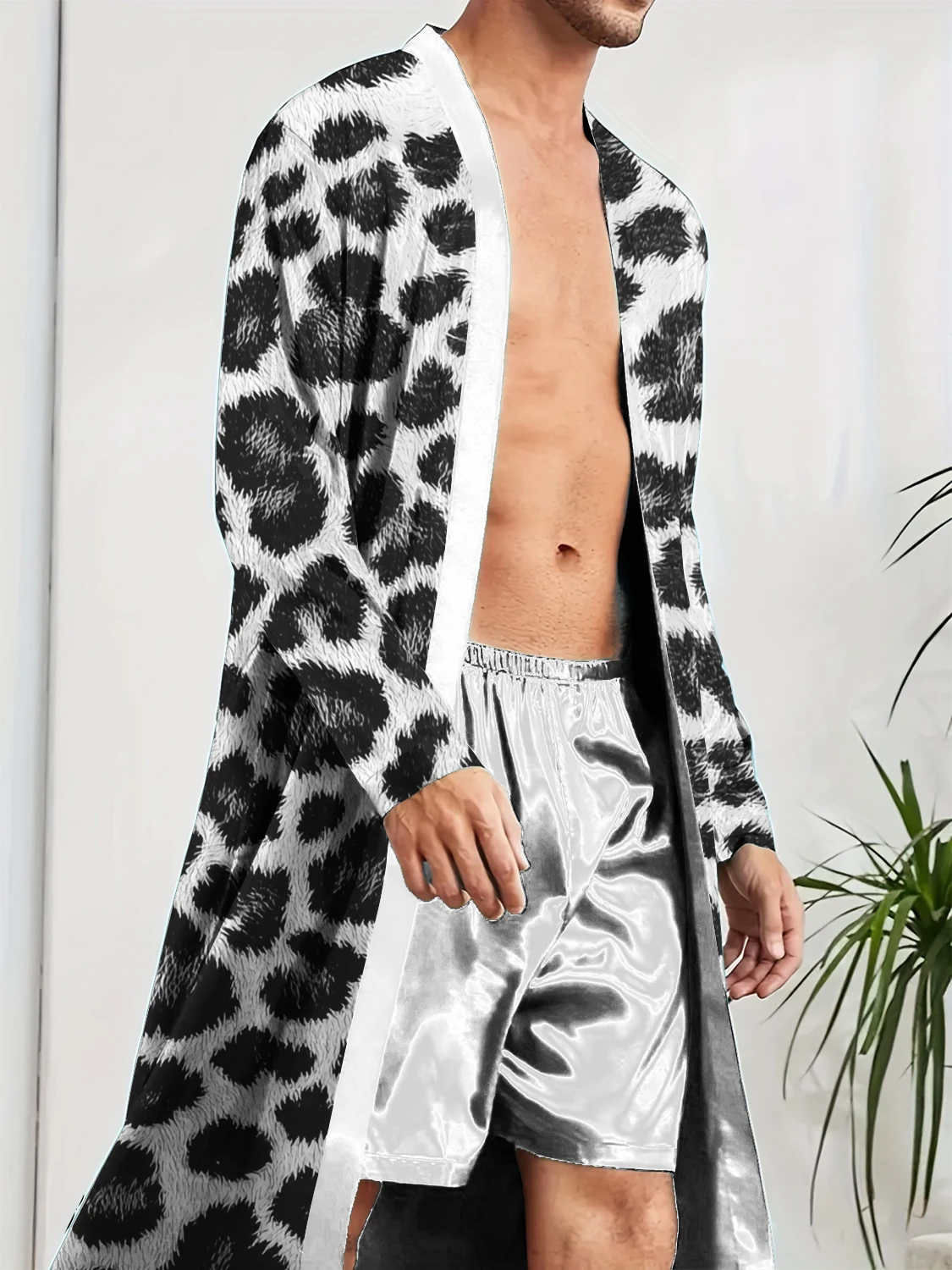 

Men's Robes digital printed leopard print spring and autumn thin style quick drying medium long summer air-conditioned pajamas