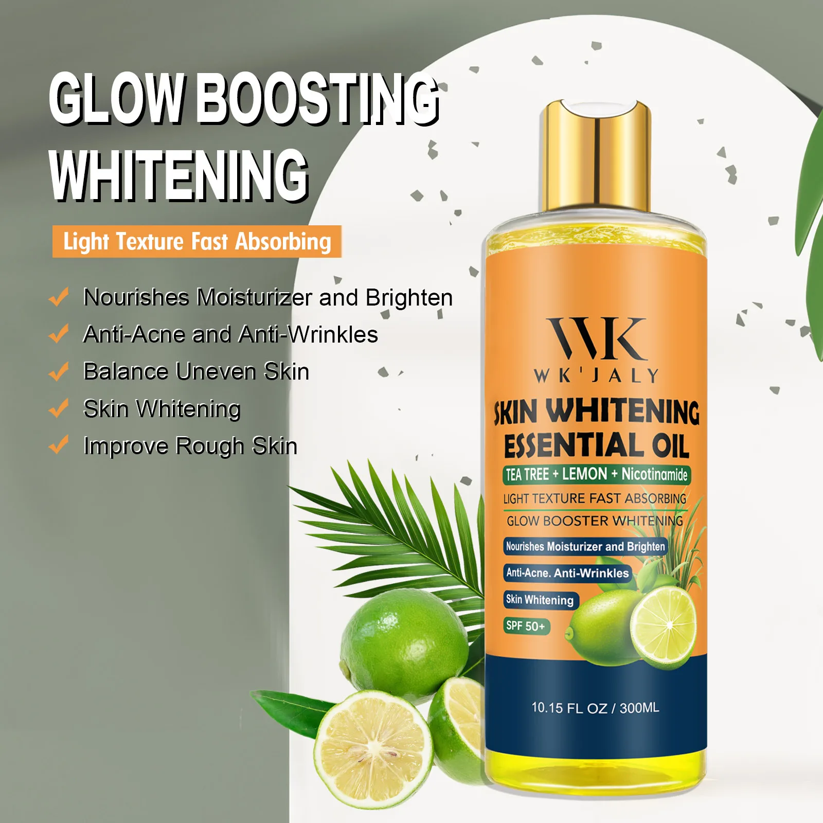 WK JALY Niacinamide Lightening Body Oil For All Skin, With Tea Tree, Lemon, Remove Acne, Fine Lines, Age Spot, Not Greasy, 300ml