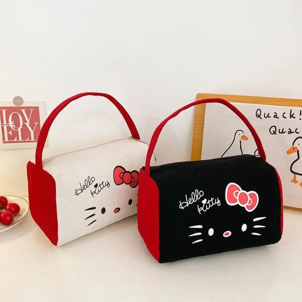 New Hello Kitty Makeup Bag Miniso Cute Bow Printed Portable Wallet Cartoon New Large Capacity Square Canvas Storage Handbag