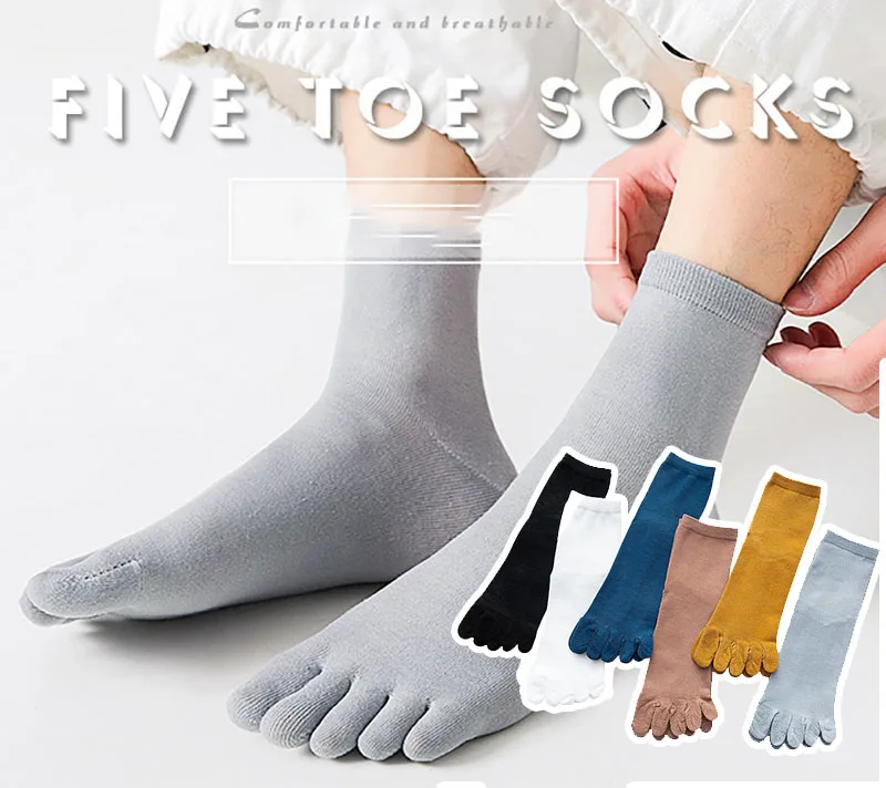 Spring Summer Mid Tube Five Fingers Socks For Men Solid Color Sweat-absorbing Cotton Thin Split Toe Socks Sport 5 Fingers Socks
