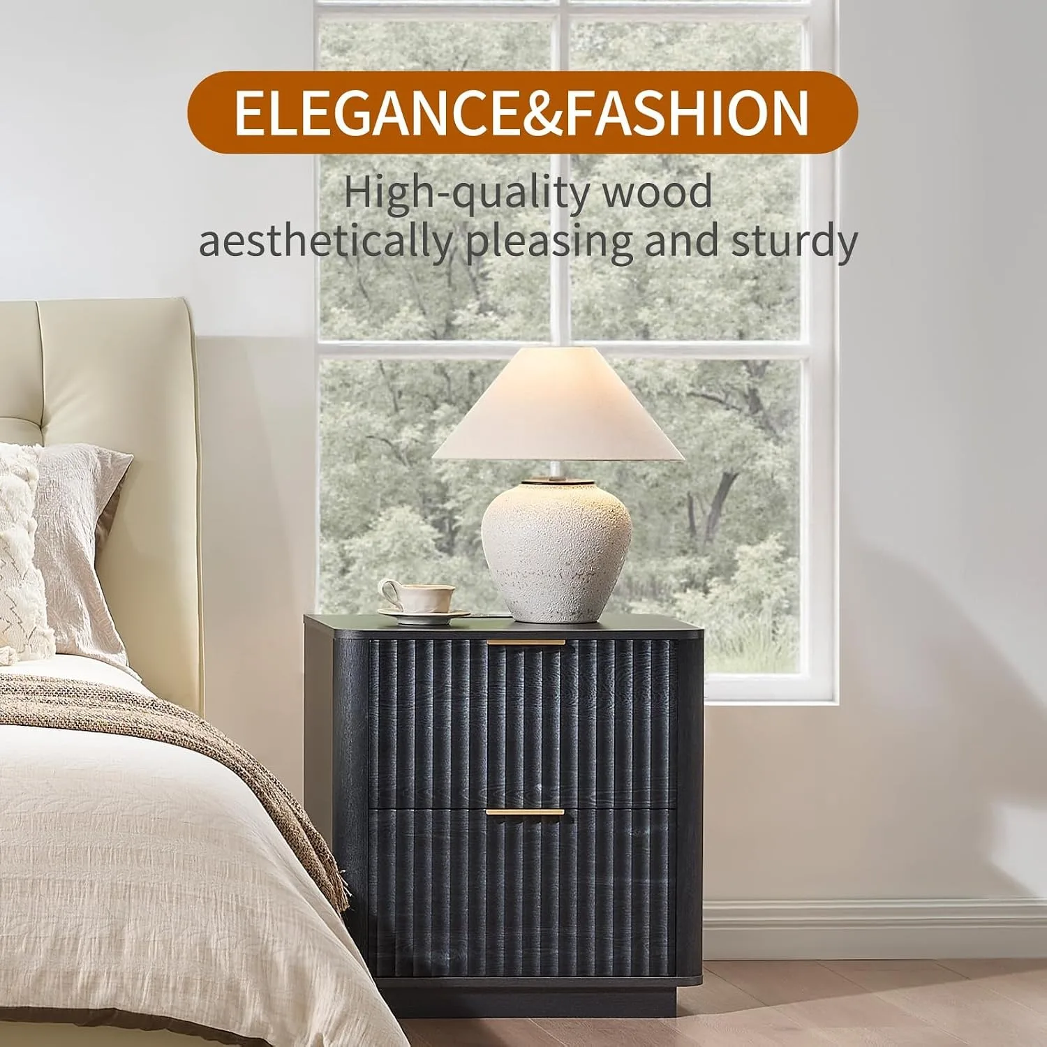 2PCS 23Inch Wide Fluted Wood Nightstands With Charging Station Interior Furniture Mid Century Modern Bedroom Bedside Customized
