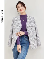 SENTUBILA Winter Tassel Trim Tweed Jackets for Women 2024 Elegant Outerwear Purple Plaid Straight-cut Long Sleeve Coats 133W519