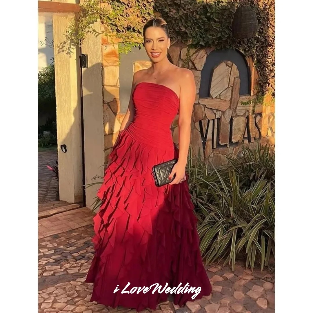 

Red Strapless A-Line Sleeveless Ruffles Multi-Layered Evening Dresses فساتين سهرات Floor-Length Pleated Customized