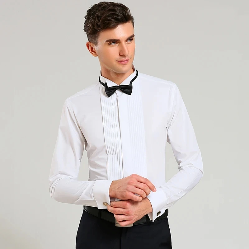 Classic Winged Collar White Dress Shirt For Mens Wingtip Tuxedo Formal Shirts Black Bow Tie Party Dinner Wedding Bridegroom Tops