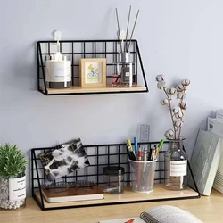 Floating Shelves Wall Mounted Rustic Wood Storage Display Shelf with Metal Wire Basket Hanging Shelf for Kitchen Office Bedroom