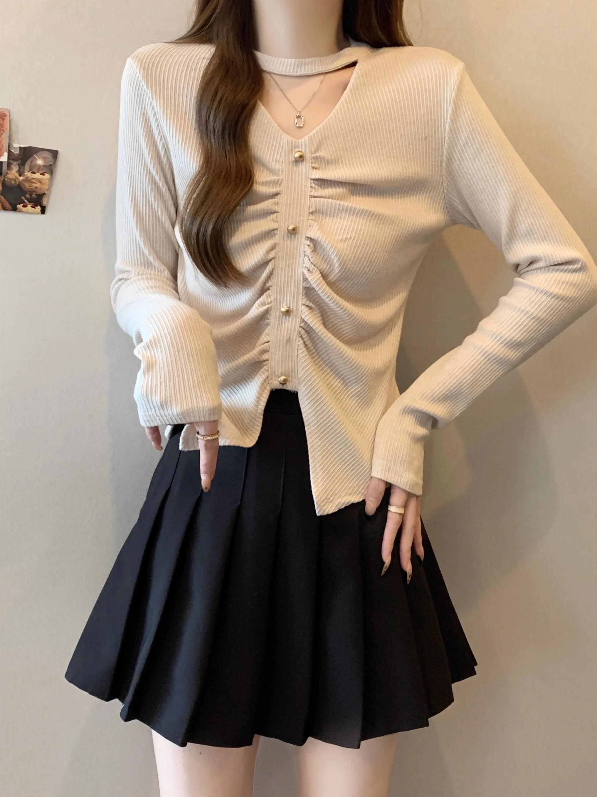 

Женская вязаная базовая кофта с V-образным вырезом и длинными рукавами, с дизайнерским вырезом на шее, больших размеров, осенне-зимняя, корейский стиль, приталенная, модная