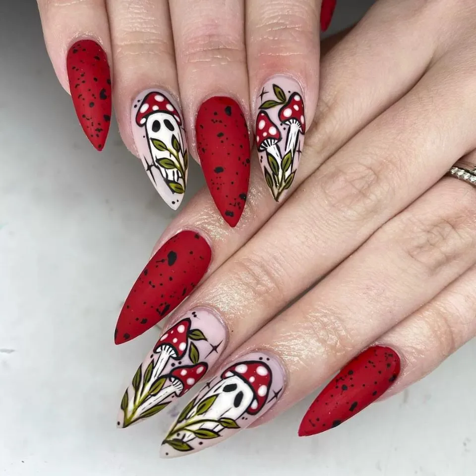 

24pcs Halloween Mushroom Ghost Almond Fake Nails Long Press On Nails Fashion Cartoon Red Round False Nails With Design Removable