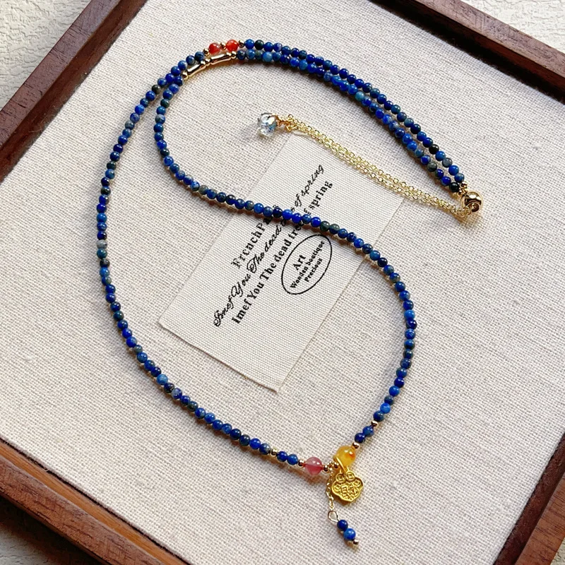 Chinese Style Natural Crystal Jewelry Afghan Lapis Lapis Beeswax South Red Three-Circle Bracelet Hand String Two-in-One Lucky