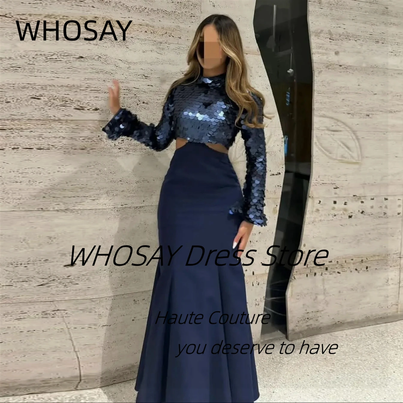 WHOSAY Sequins Top Prom Dresses Long Sleeves Customized High Collar Evening Dress Cutaway Sides Sexy Night Club Cocktail Gowns