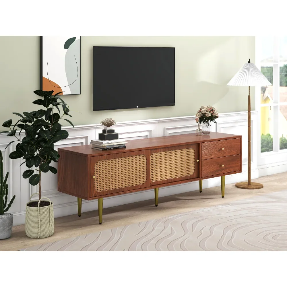 Stilvoller TV-Ständer aus Walnussholz mit 2 Rattan-Schiebetüren und praktischen Schubladen aus dunklem Kunststoff und Rattan – Detail 16