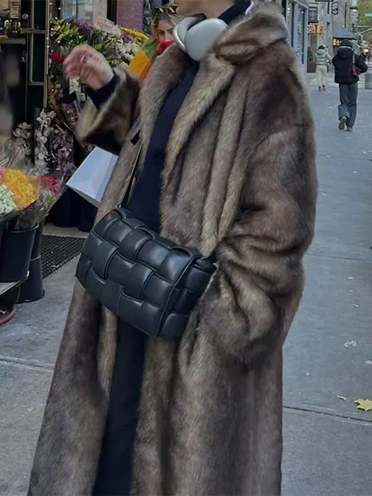 Luxo high-end fofo feminino chique pele do falso longo casaco marrom escuro inverno quente trench coat grosso jaqueta de pele à prova de vento outerwear