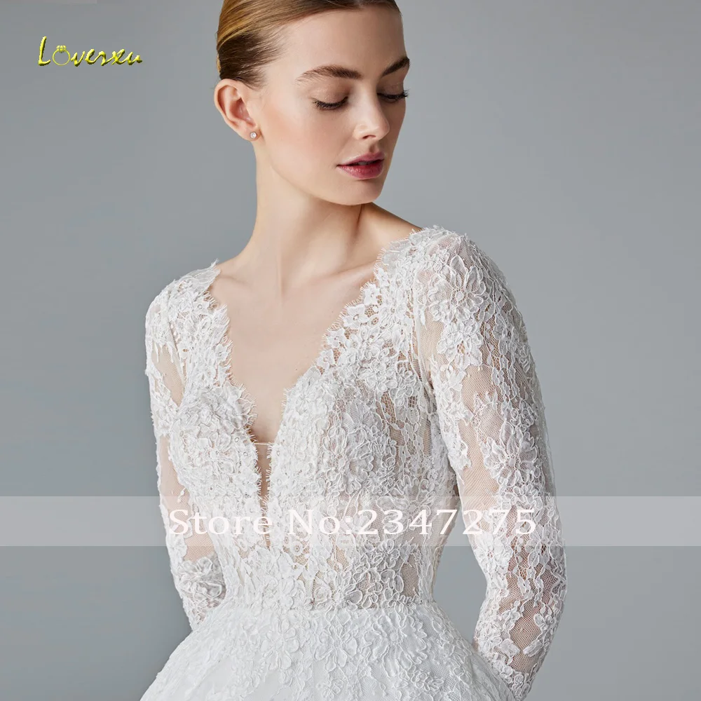 Loverxu A-Line vestidos De Novia elegantes con cuello en V Vestido De Novia De manga larga bordado De encaje clásico hecho a medida bata De Mariee