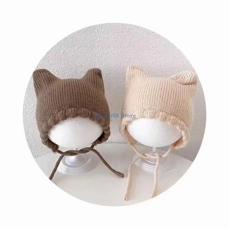 قبعة Y4UD منسوجة ناعمة للرضع، قبعة بلون موحد مع نمط الأذنين للخريف والشتاء