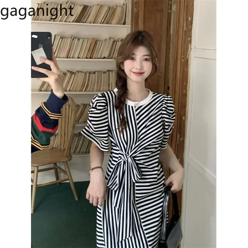 Gaganight Women Celebrity Stripe O neck Long Dress Women Summer New Slim Waist Mid Length Split Dresses Female Vestidos