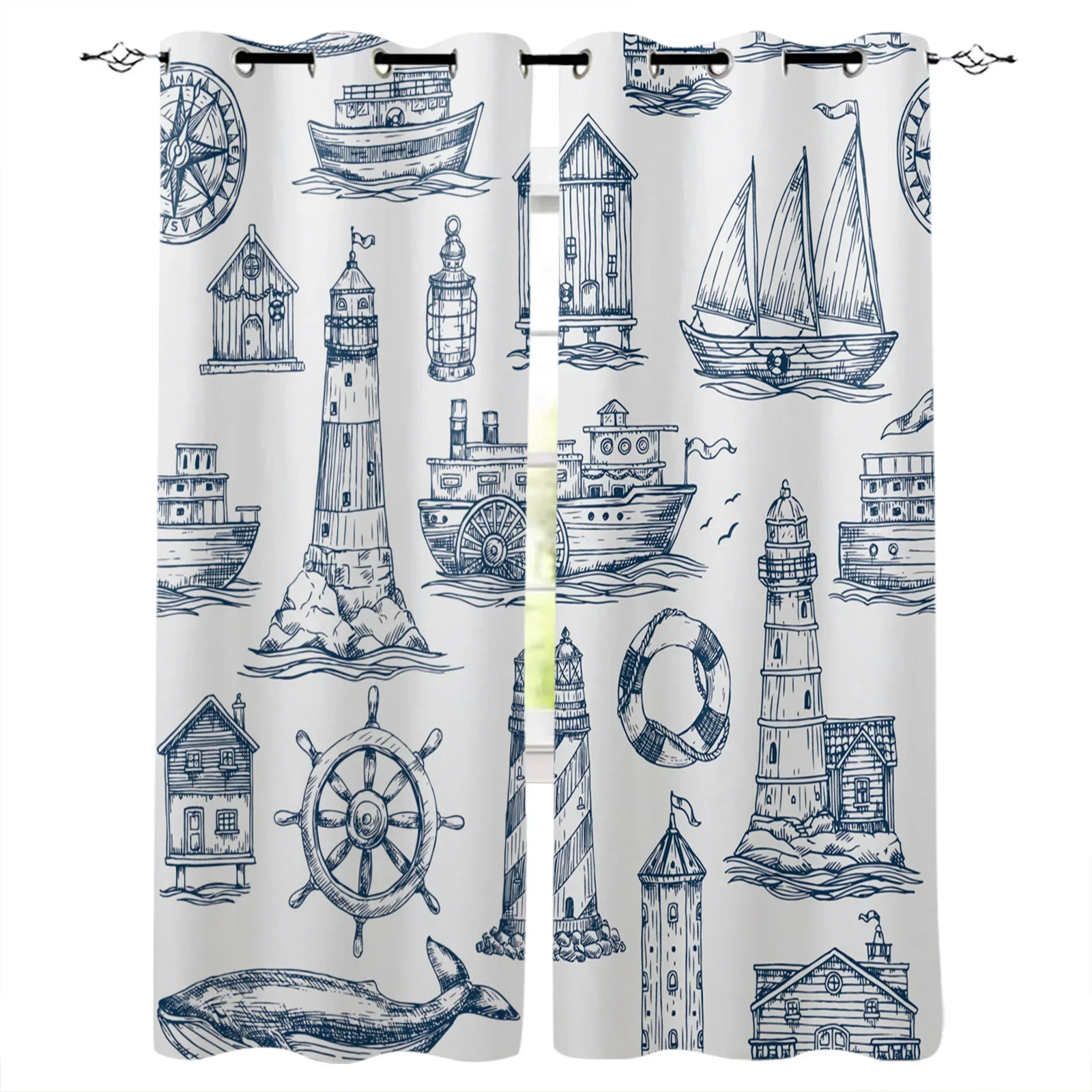 Nautical Anchor Ship Lighthouse Whale Art Blackout Curtains Window Curtains For Bedroom Living Room Decor Window Treatments