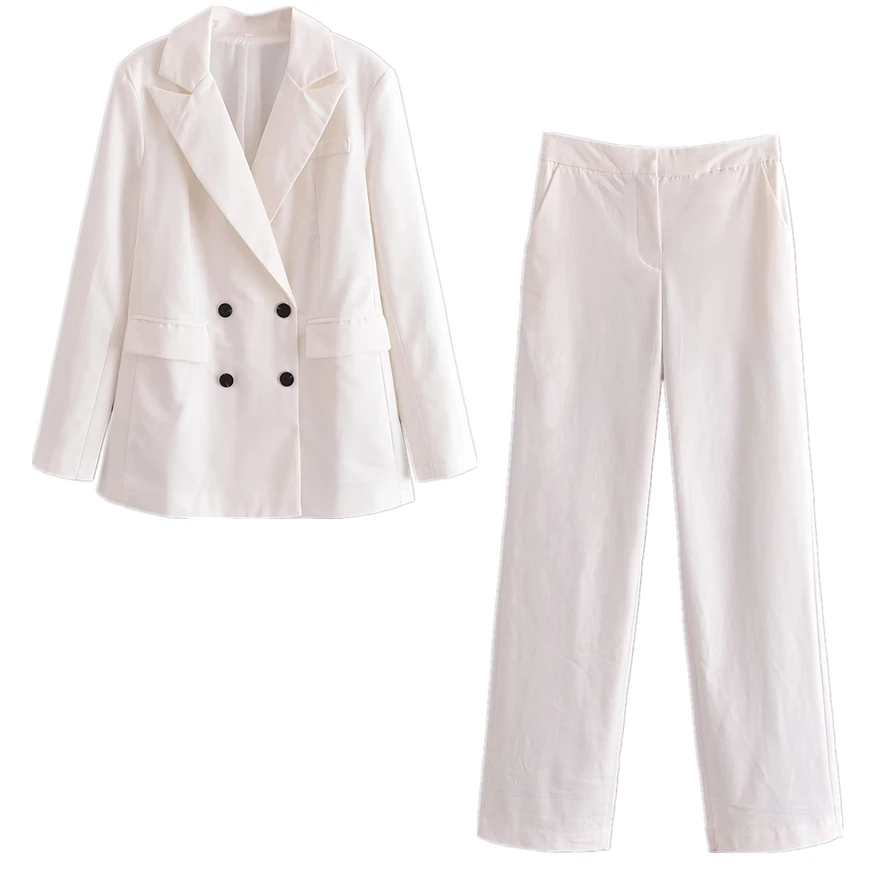 Dave&Di French Fashion Ladies Vintage Double Linen Blazer Party Breasted Casual Straight Leg Trousers Suits Women