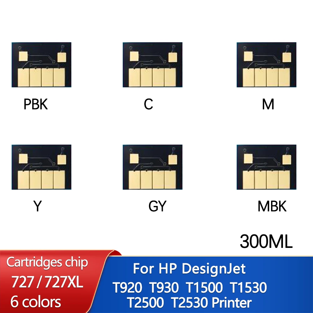 

Чип 300 мл для картриджа HP 727, чип чернильного картриджа для принтера HP DesignJet T920 T930 T1500 T1530 T2500 T2530 (PBK C M Y GY MBK)