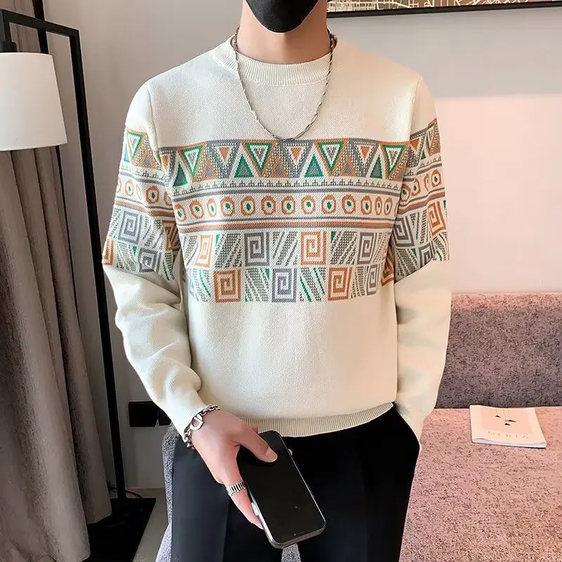 

Folk Jacquard Weave Knitted Pullovers Autumn Winter Vintage Contrasting Colors Men's Clothing Round Neck Chic Spliced Sweaters